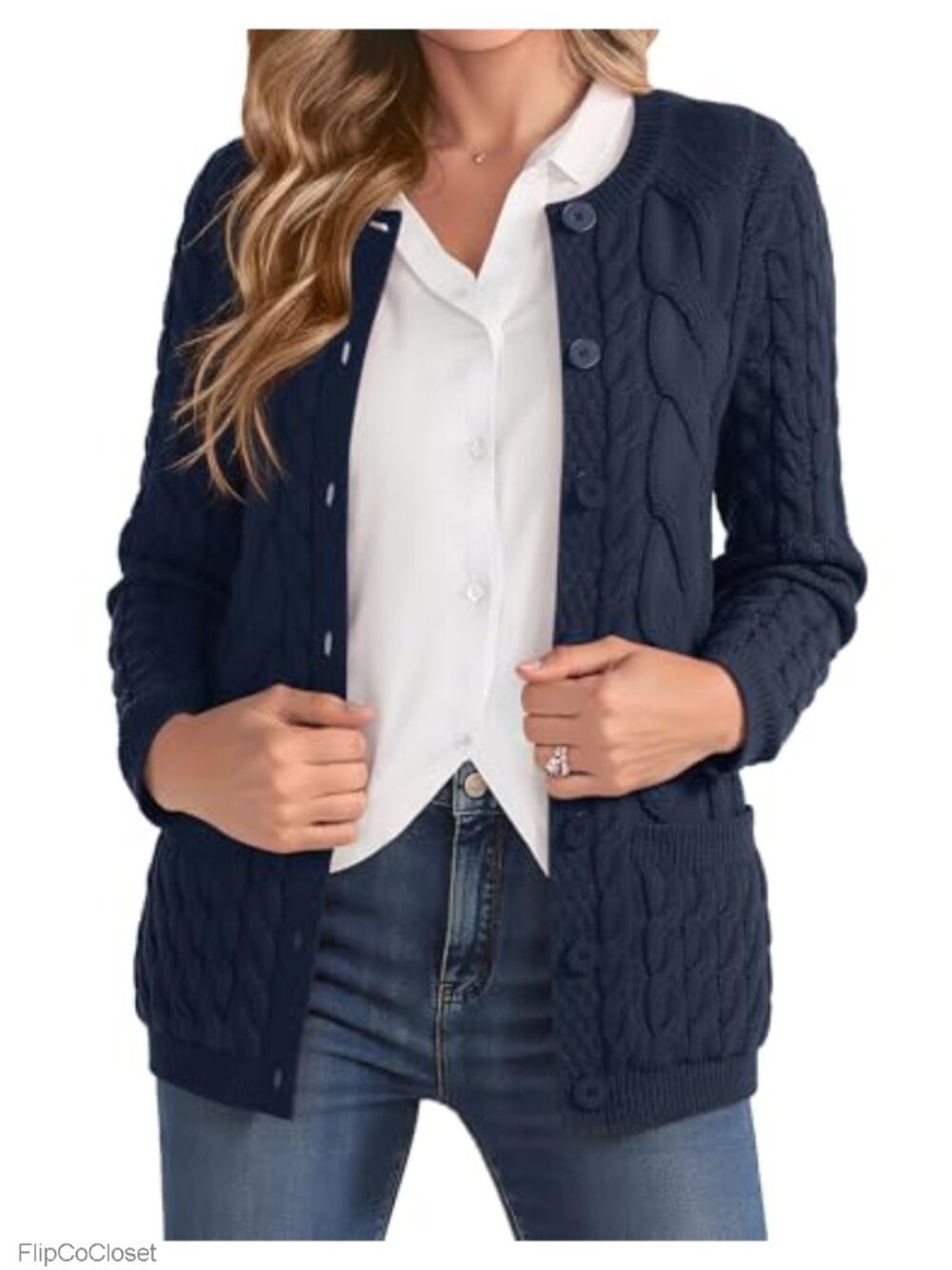 Women Cable Knit Cardigan Sweater Crew Neck Button up Chunky Knit Sweater Coat